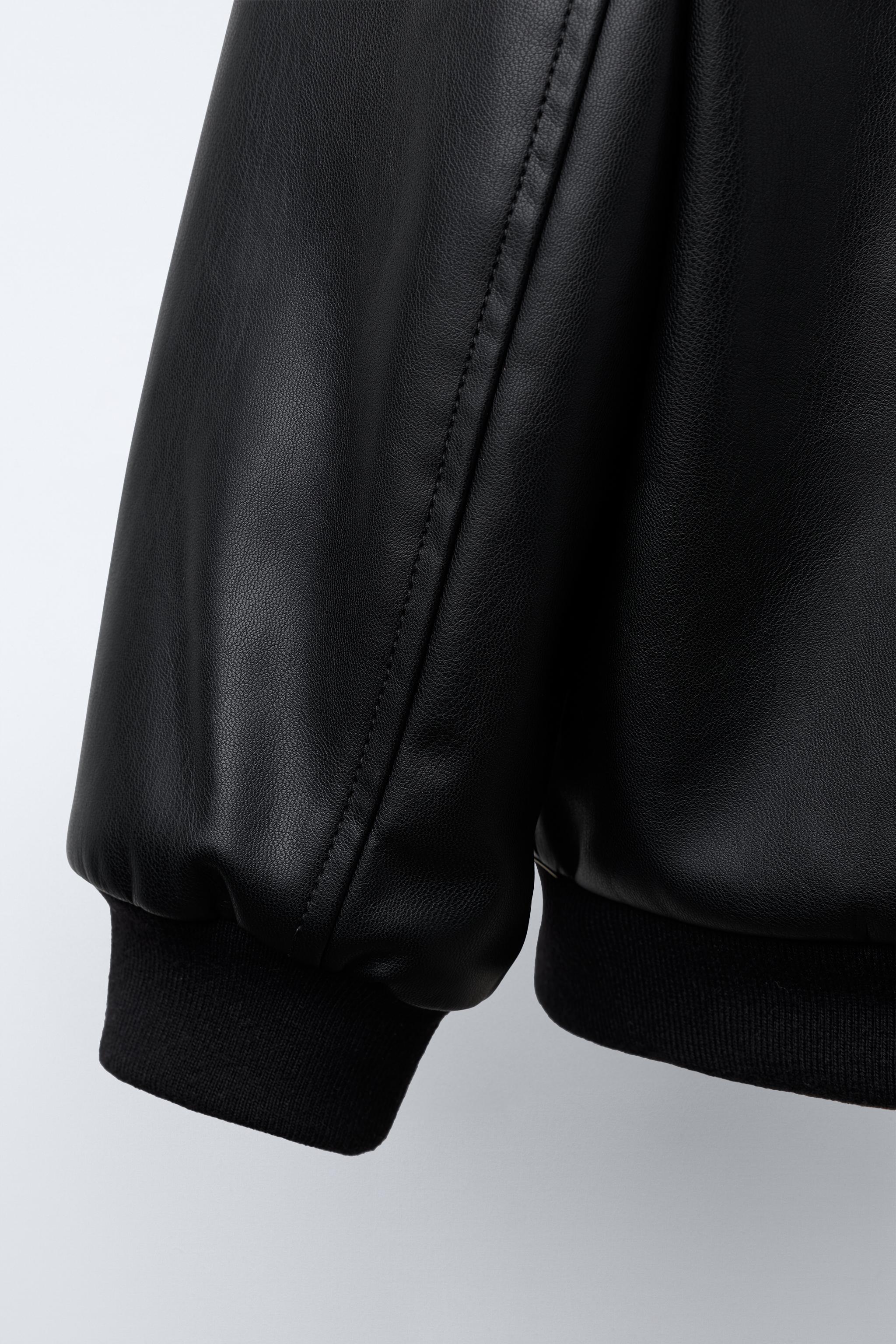 EMBROIDERED TEXT FAUX LEATHER BOMBER JACKET